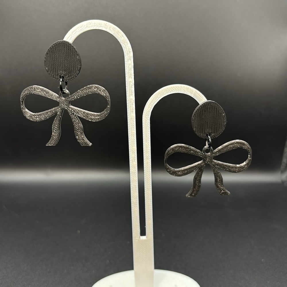Elegant Black Glitter Bow Earrings - Picture 4 of 4